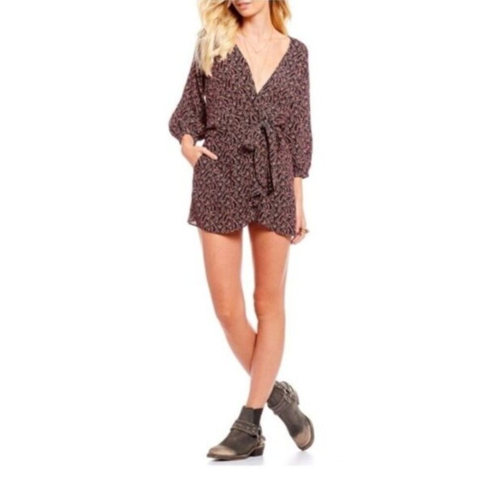 Free People Clara 3/4 Sleeve Black Floral Print Tunic Blouse Womens Medium DITZY